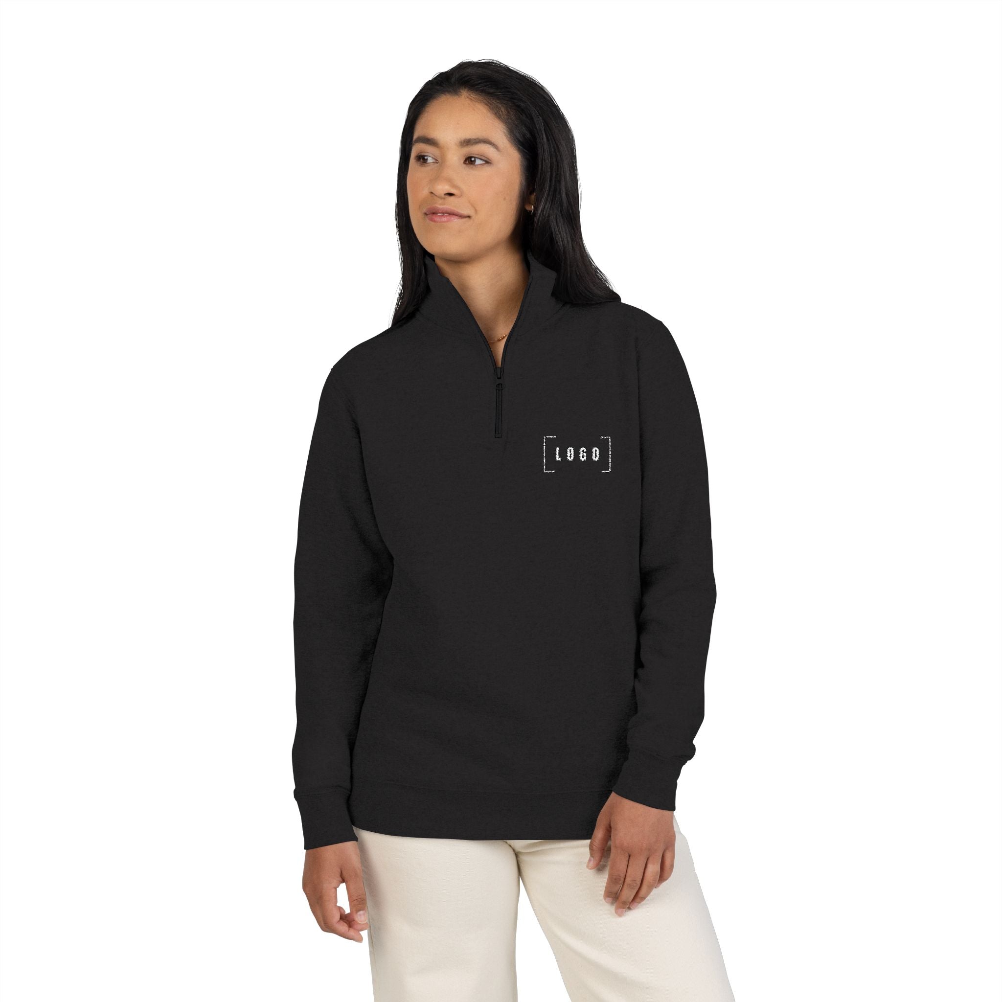 Black embroidered fleece half-zip pullover with a customizable logo on the left chest