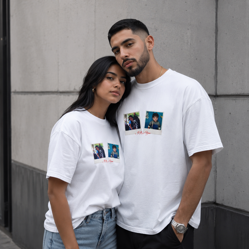Custom Couple Photo Shirt | Personalized Polaroid Style Tee with Photos and Custom Text, Gift for Her and Him