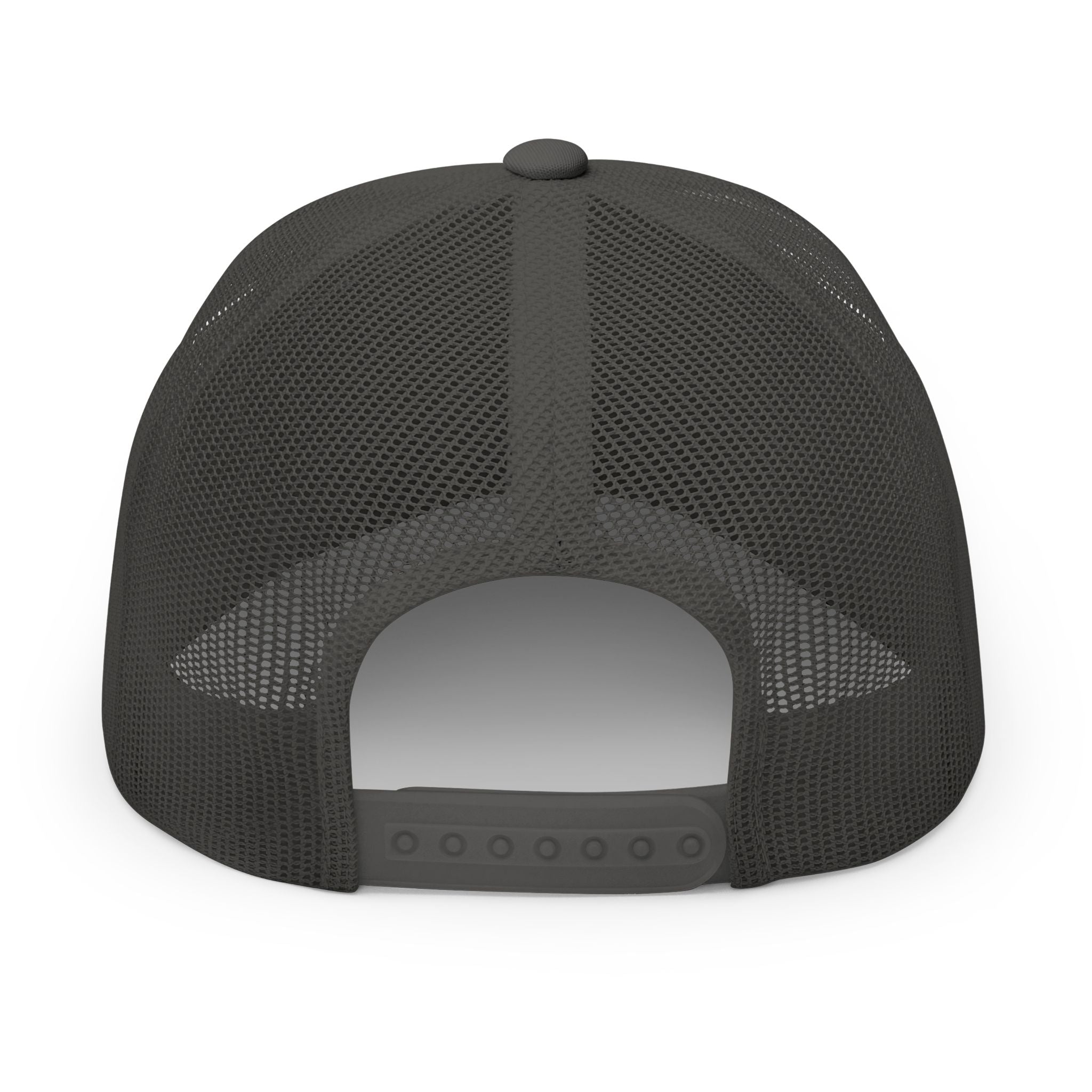 Dark Heather Gray embroidered trucker cap with a customizable logo on the front panel patch