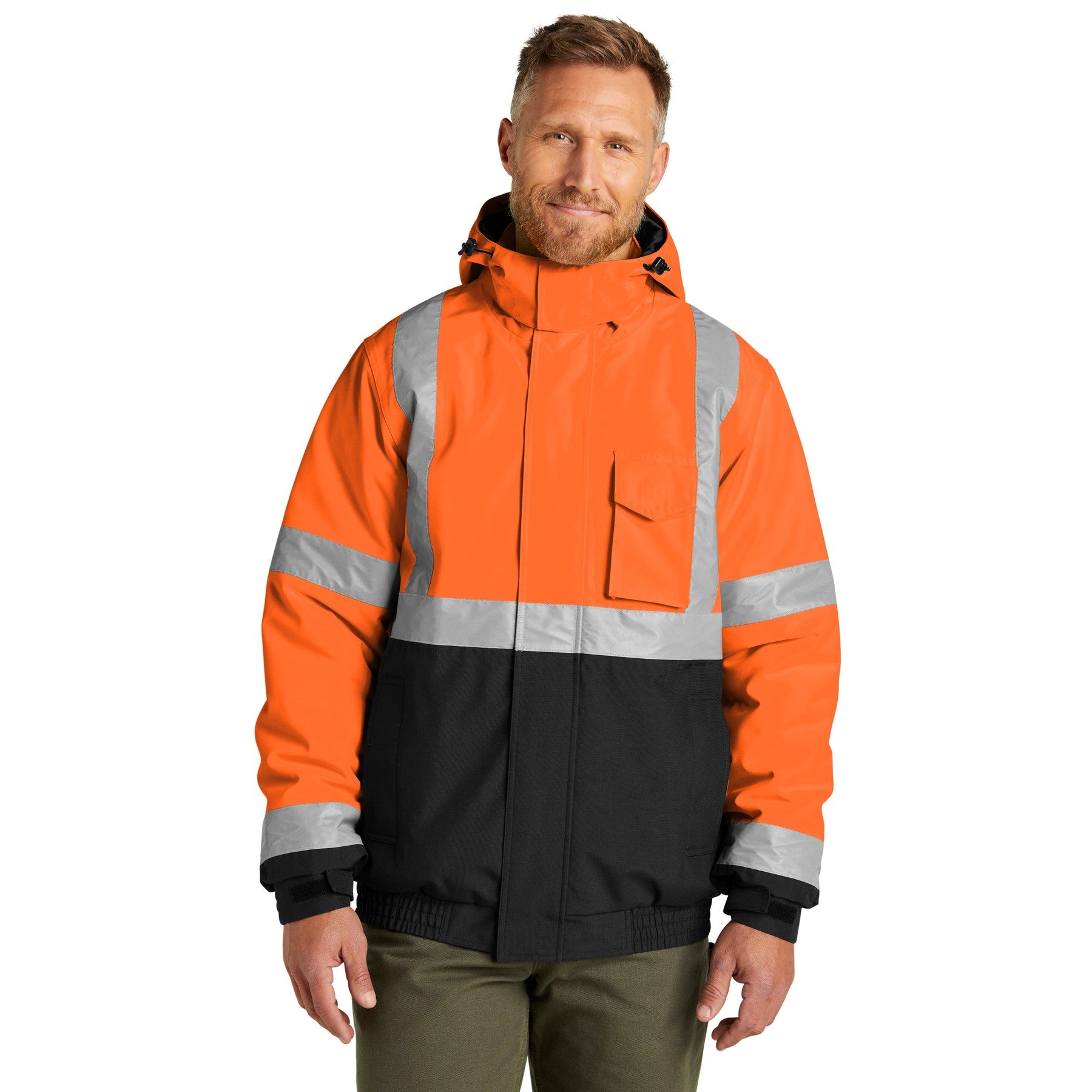 Safety Orange ANSI 107 Class 3 bomber jacket with a customizable logo on the left chest