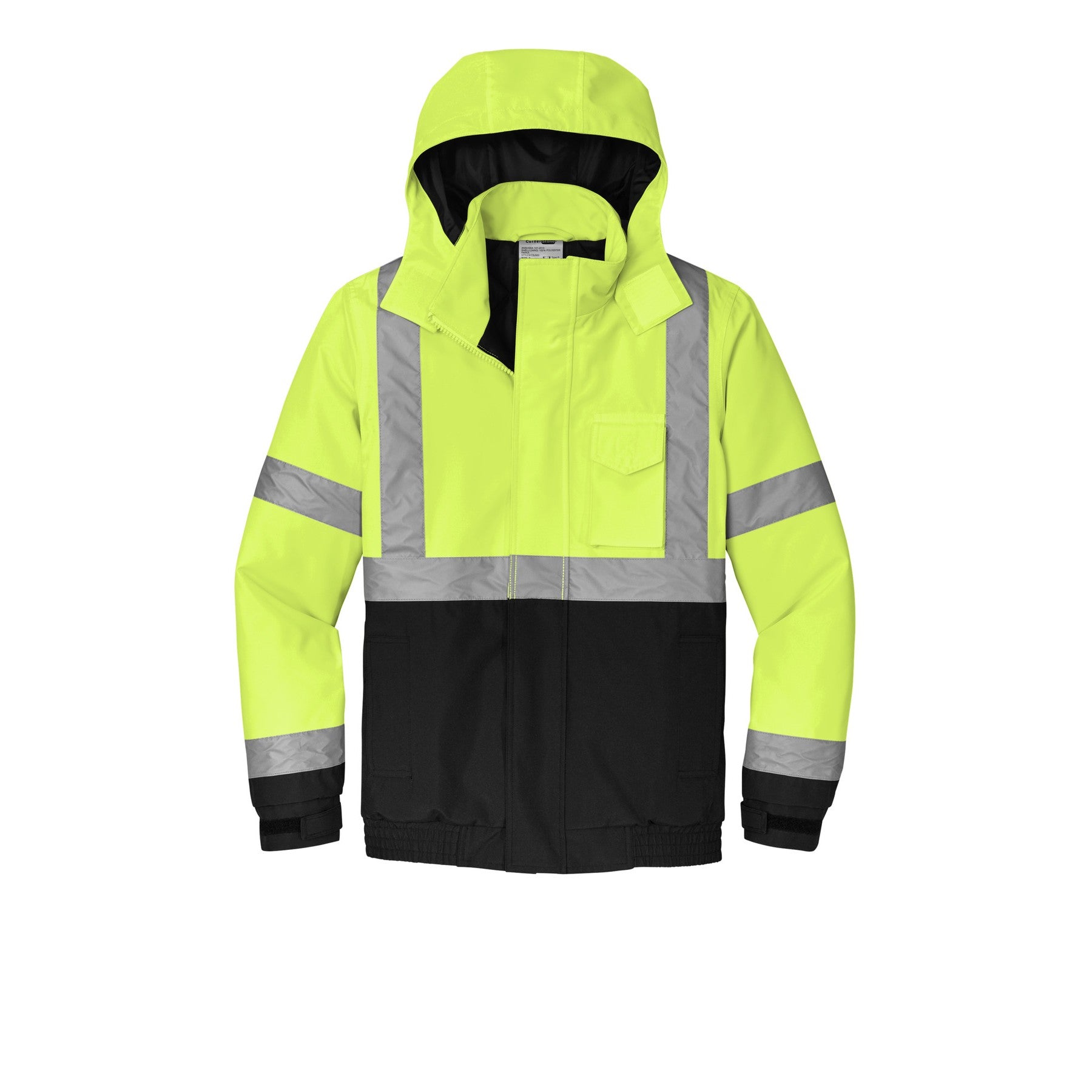 Safety Yellow ANSI 107 Class 3 bomber jacket with a customizable logo on the left chest