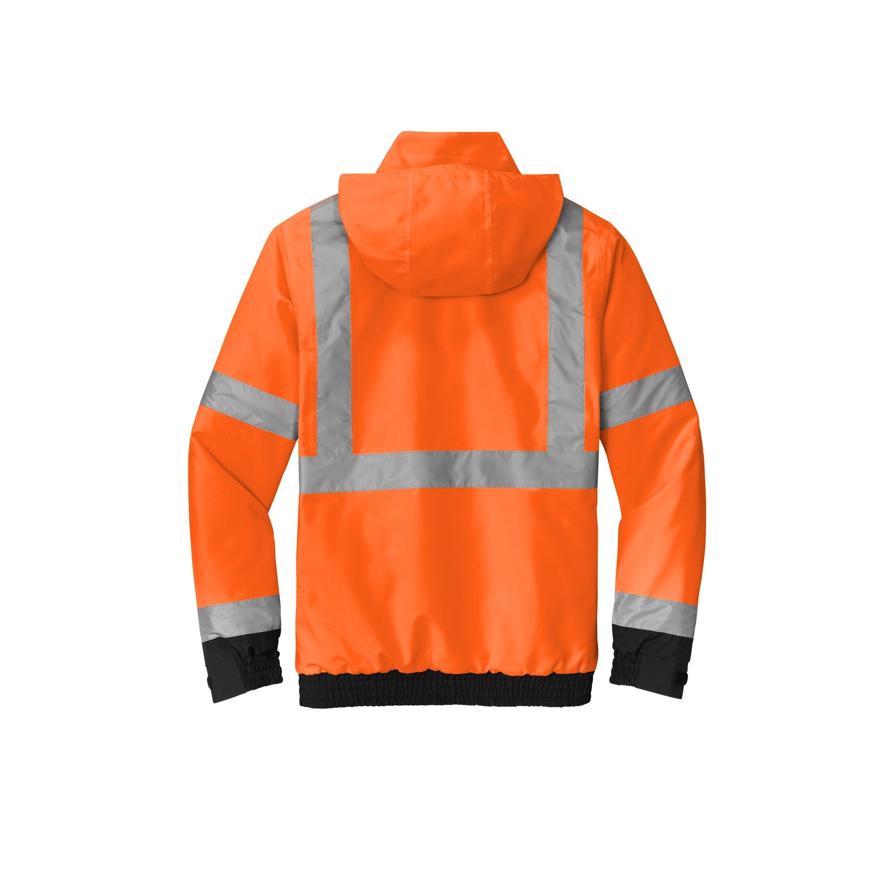 Safety Orange ANSI 107 Class 3 bomber jacket with a customizable logo on the left chest