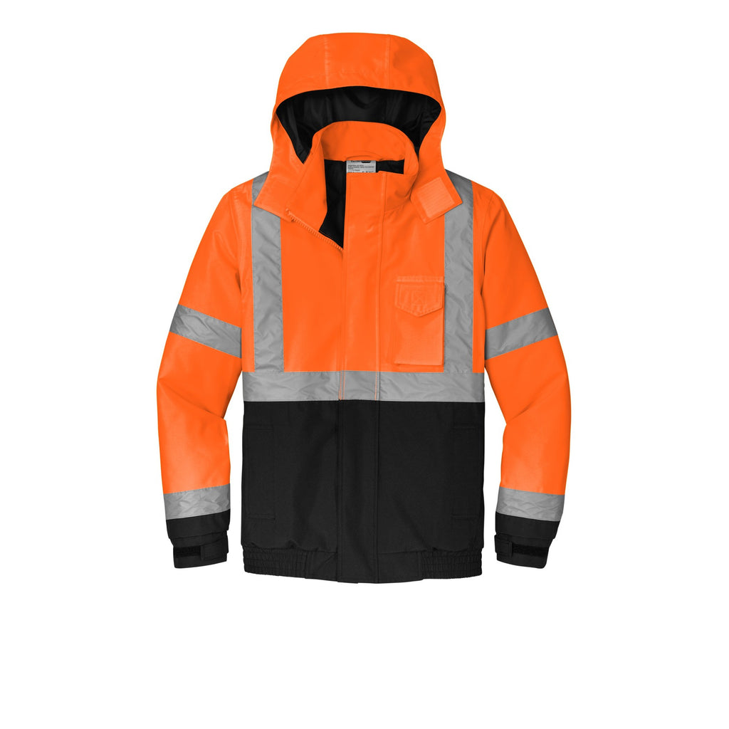 Safety Orange ANSI 107 Class 3 bomber jacket with a customizable logo on the left chest