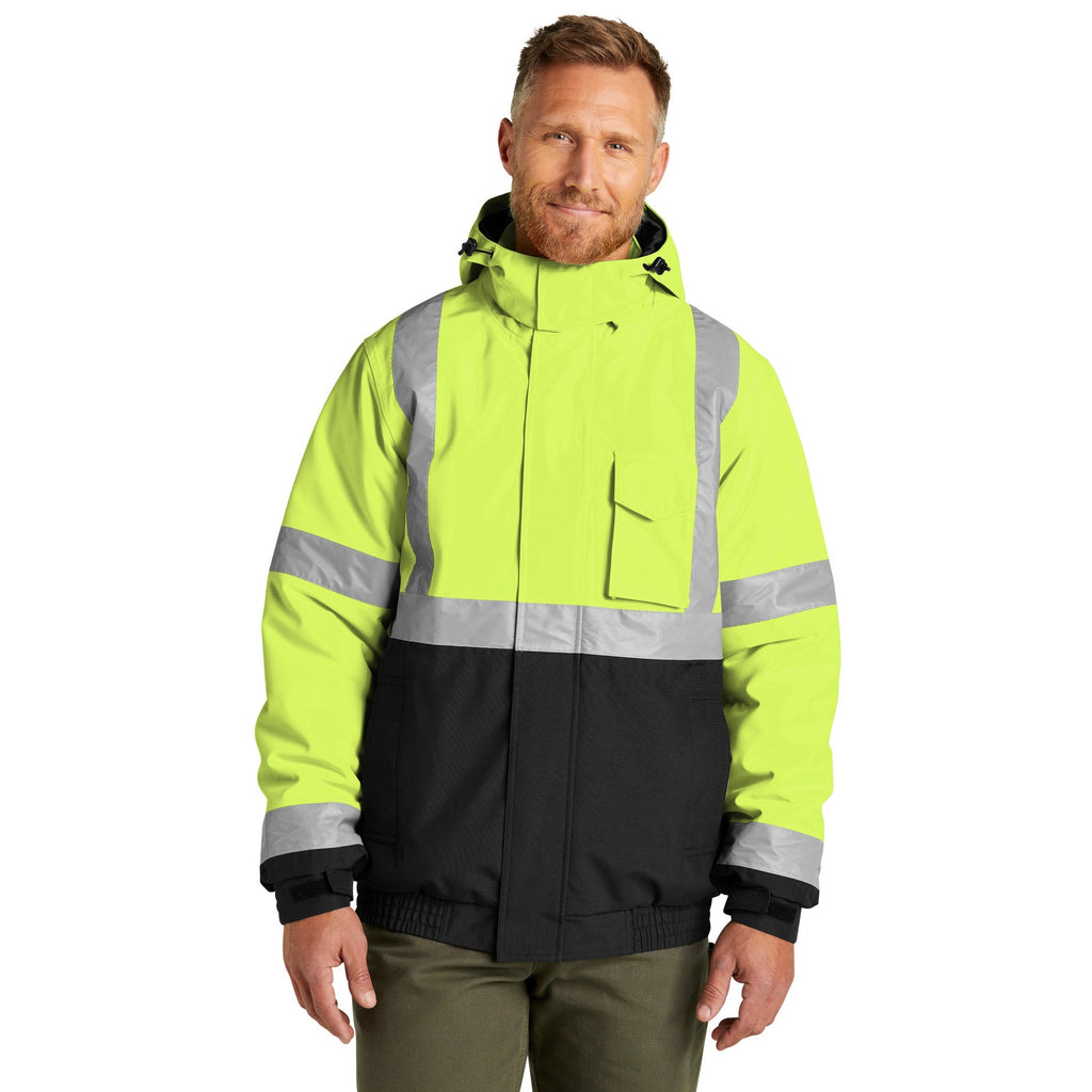 Safety Yellow ANSI 107 Class 3 bomber jacket with a customizable logo on the left chest