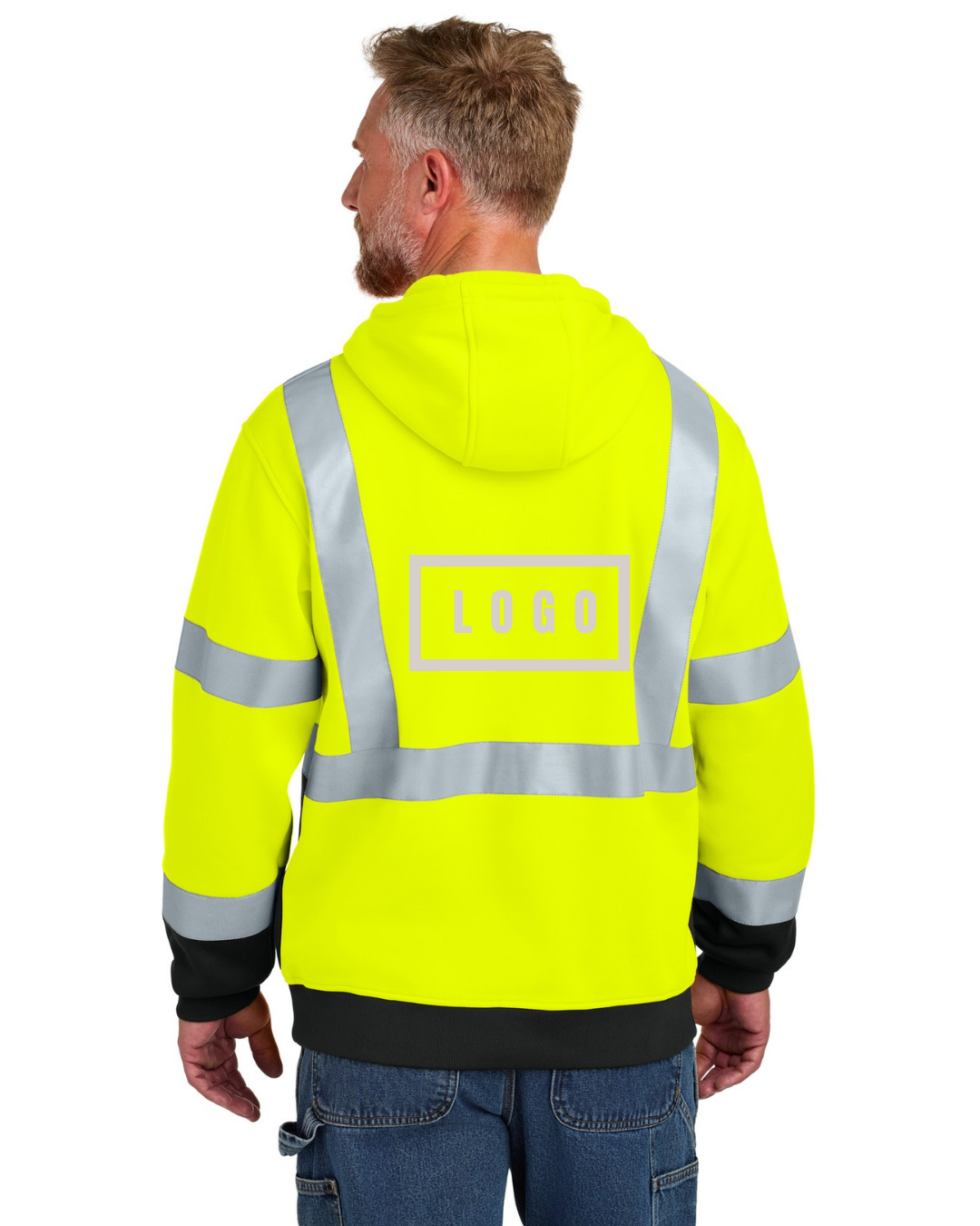 Safety Yellow ANSI 107 Class 3 hi-vis safety hoodie with a customizable logo on the chest