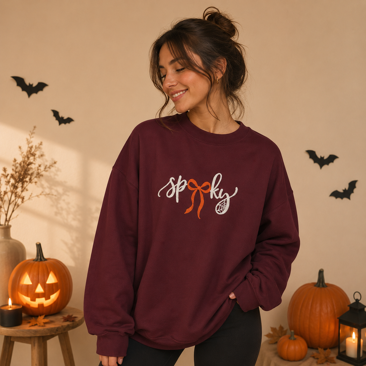 Coquette Spooky Season Embroidered Crewneck, Bow Halloween Sweatshirt