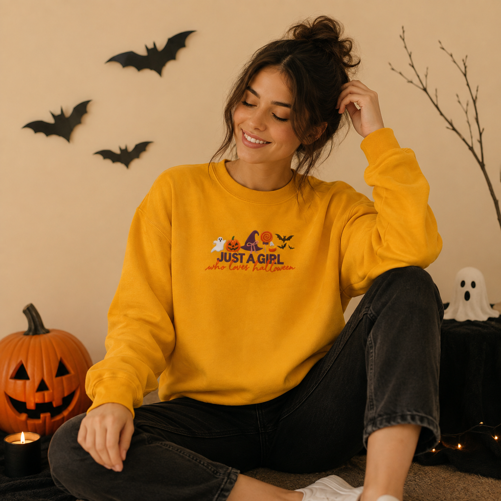 Just a Girl Who Loves Halloween Crewneck, Pumpkin & Bat Sweatshirt