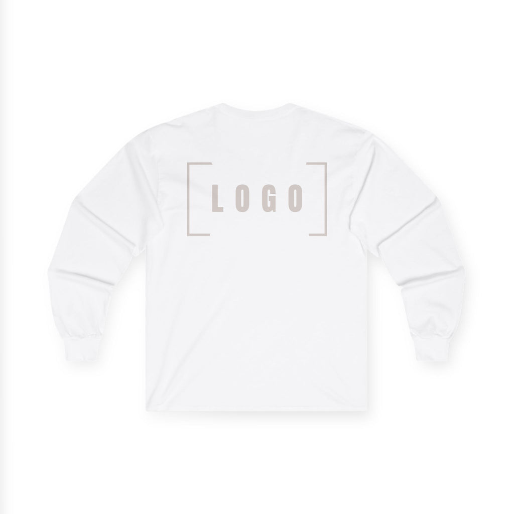 White long sleeve tee with a customizable logo on the chest