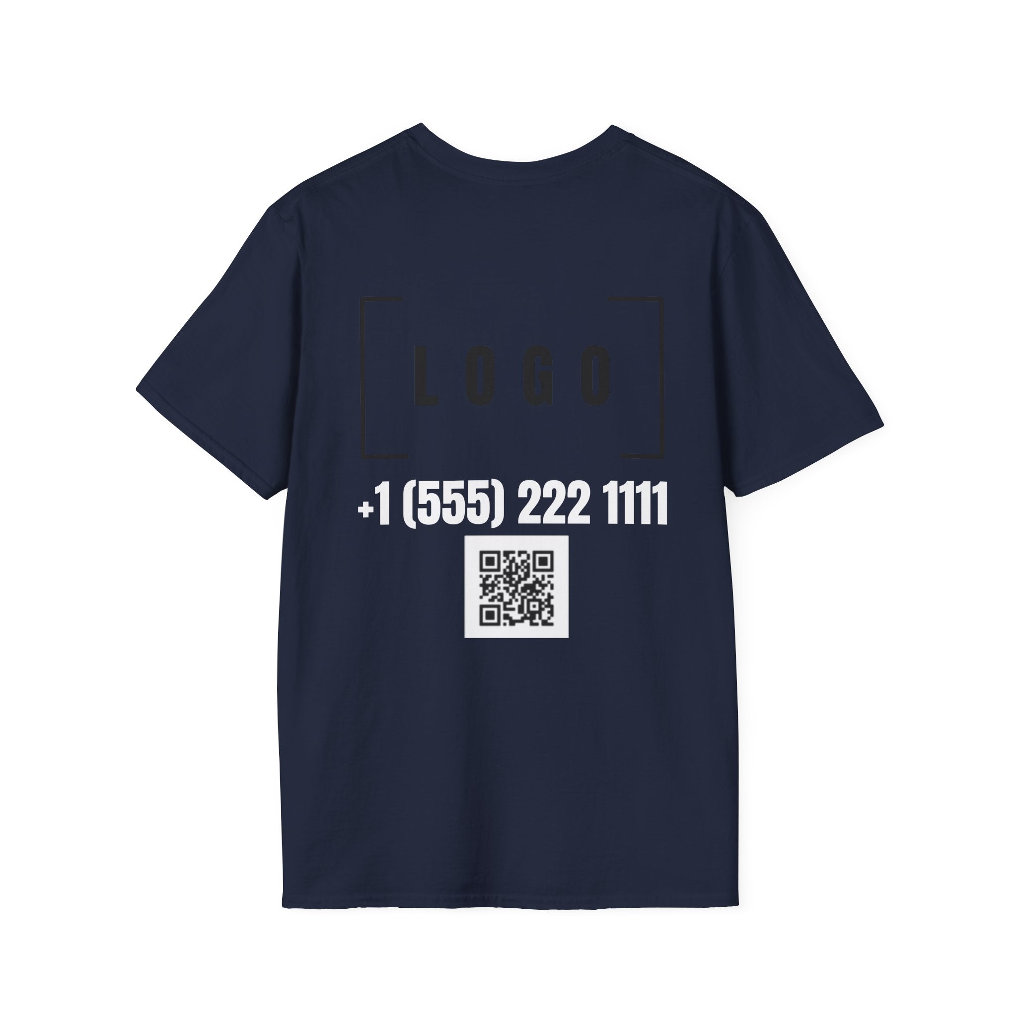 Navy t-shirt with a customizable logo on the back