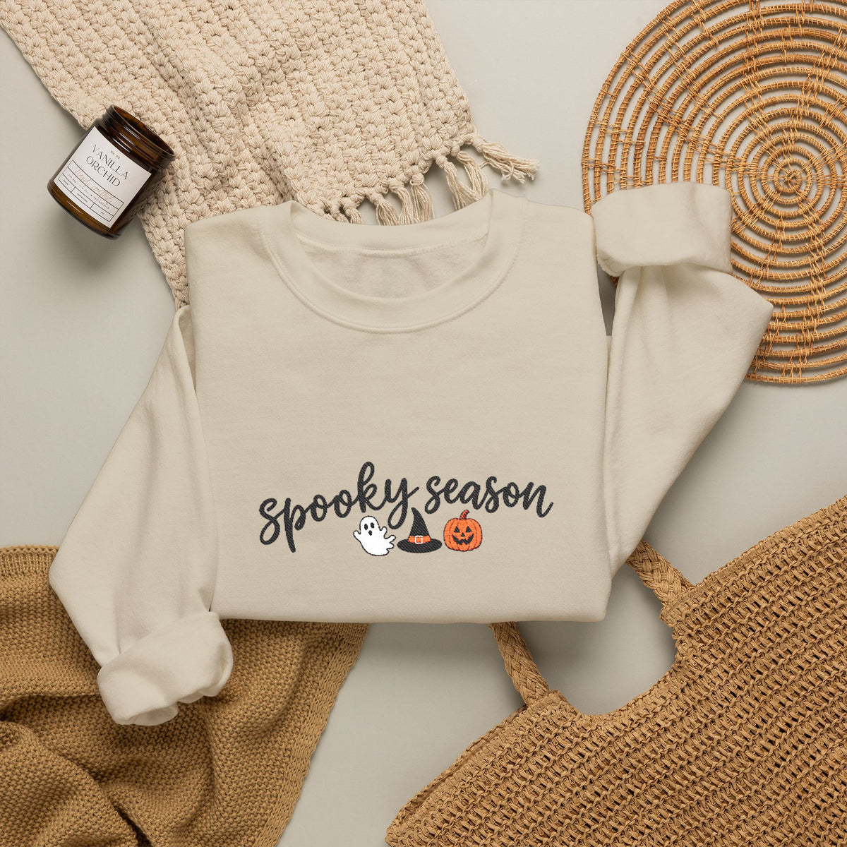 Spooky Season Embroidered Crewneck, Ghost & Pumpkin Sweatshirt