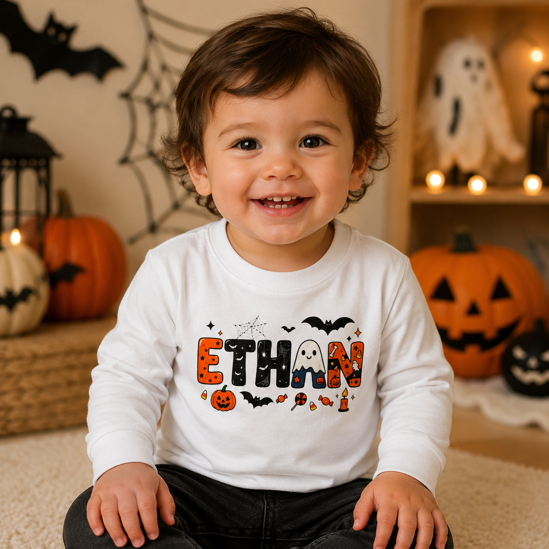 A smiling toddler sits cross-legged on a beige carpet in a Halloween-themed room, wearing a white long-sleeve shirt with a colorful 'ETHAN' graphic featuring bats, pumpkins, ghosts, and candy, paired with dark jeans and white sneakers.