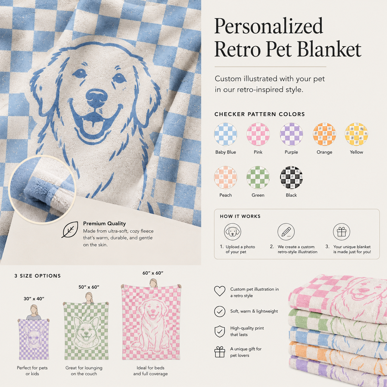 Custom Pet Blanket | Personalized Retro  Checkered Dog Cat Throw | Pet Lover Gift