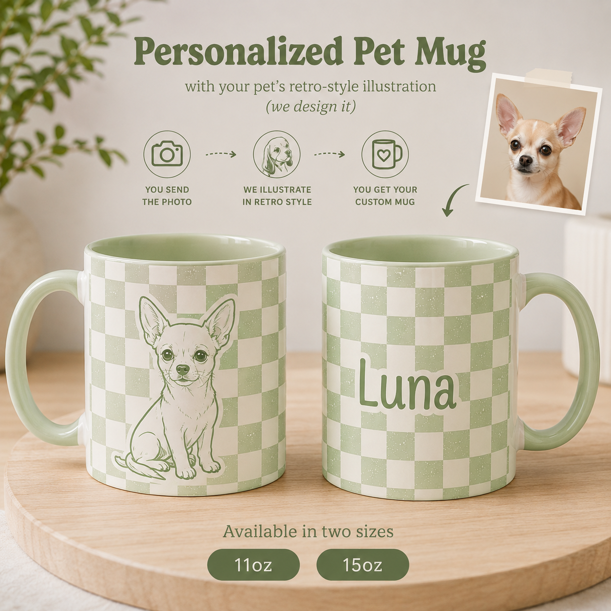 Custom Pet Checkered Mug | Personalized Dog Cat  Retro Illustration Name Coffee Cup | 11oz 15oz
