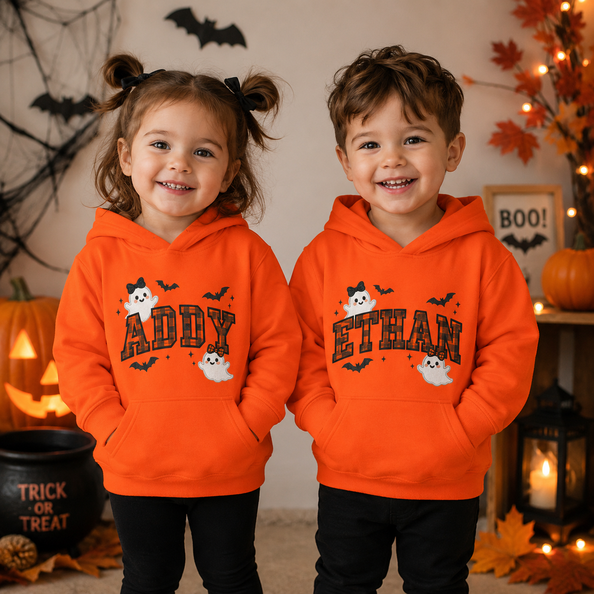 Personalized Halloween Toddler Hoodie, Custom Name Ghost & Bat Pullover
