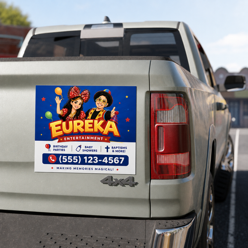 Custom car magnet example on a truck tailgate — event entertainment business logo, services, and phone number design