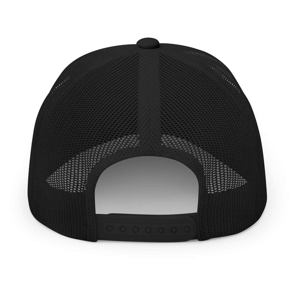 Black embroidered trucker cap with a customizable logo on the front panel patch