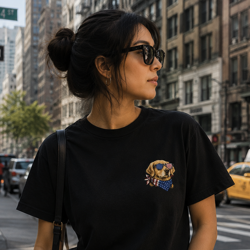 Woman in a black t-shirt with a dog graphic and sunglasses, standing on a city street with a dog wearing sunglasses and an American flag bandana.