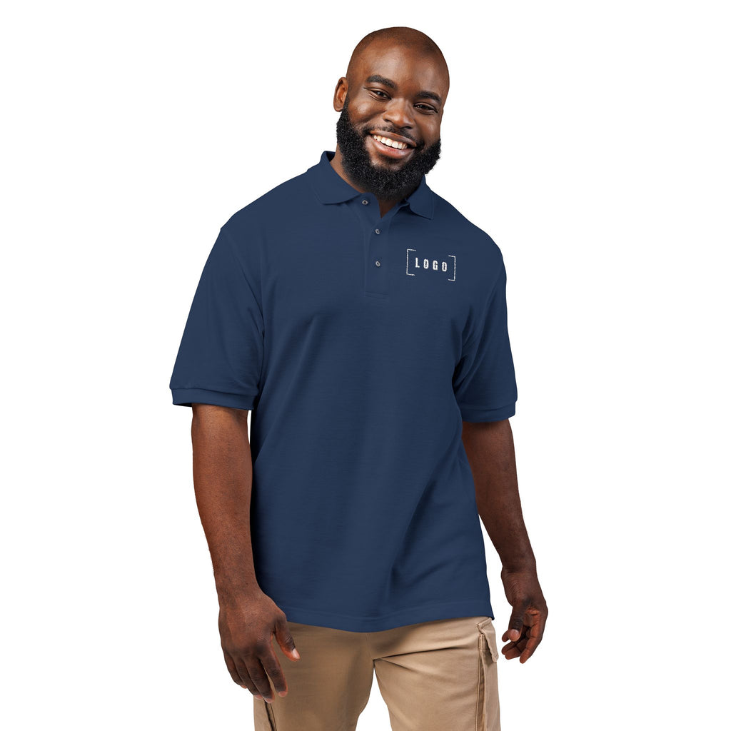 Navy embroidered polo shirt with a customizable logo on the left chest