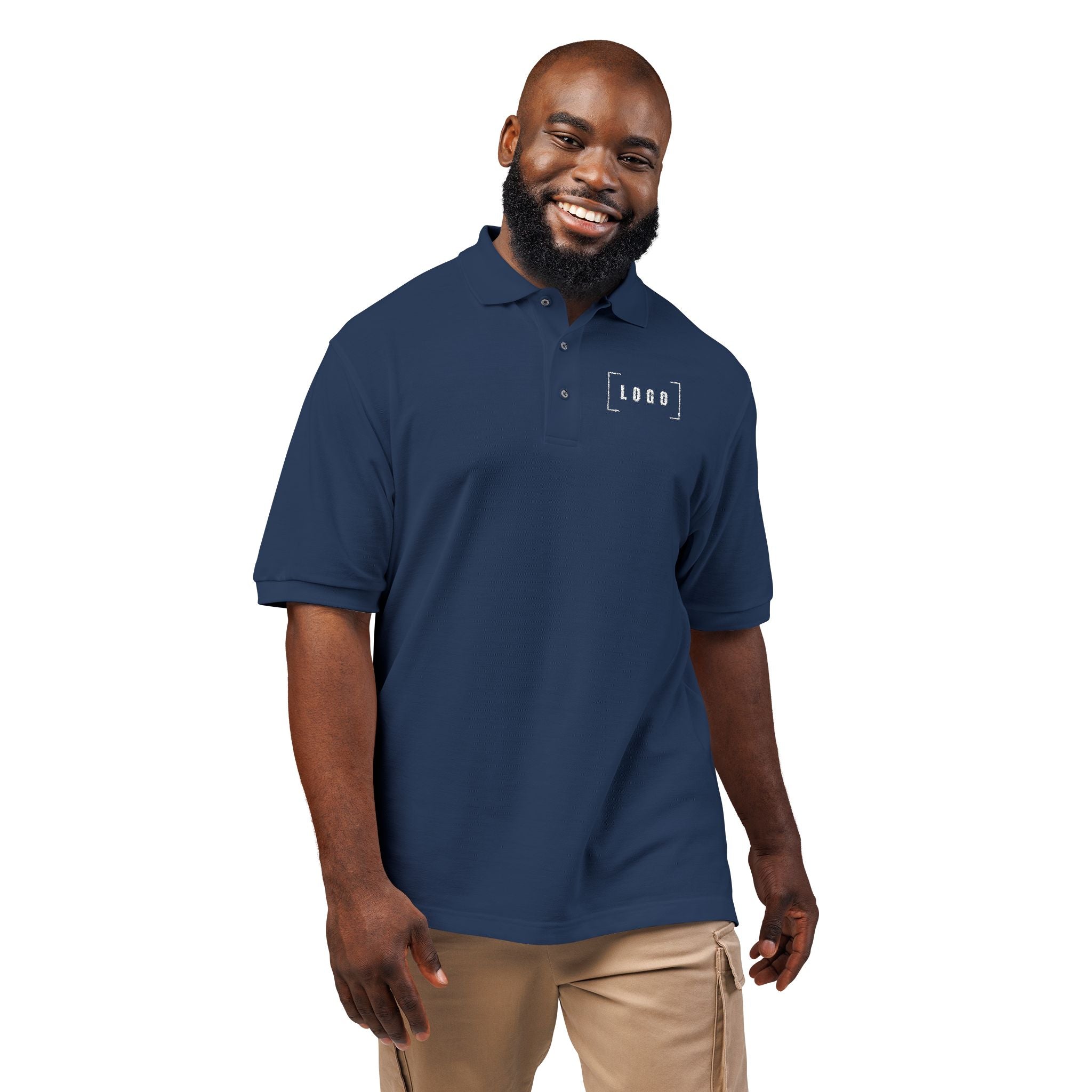 Navy embroidered polo shirt with a customizable logo on the left chest
