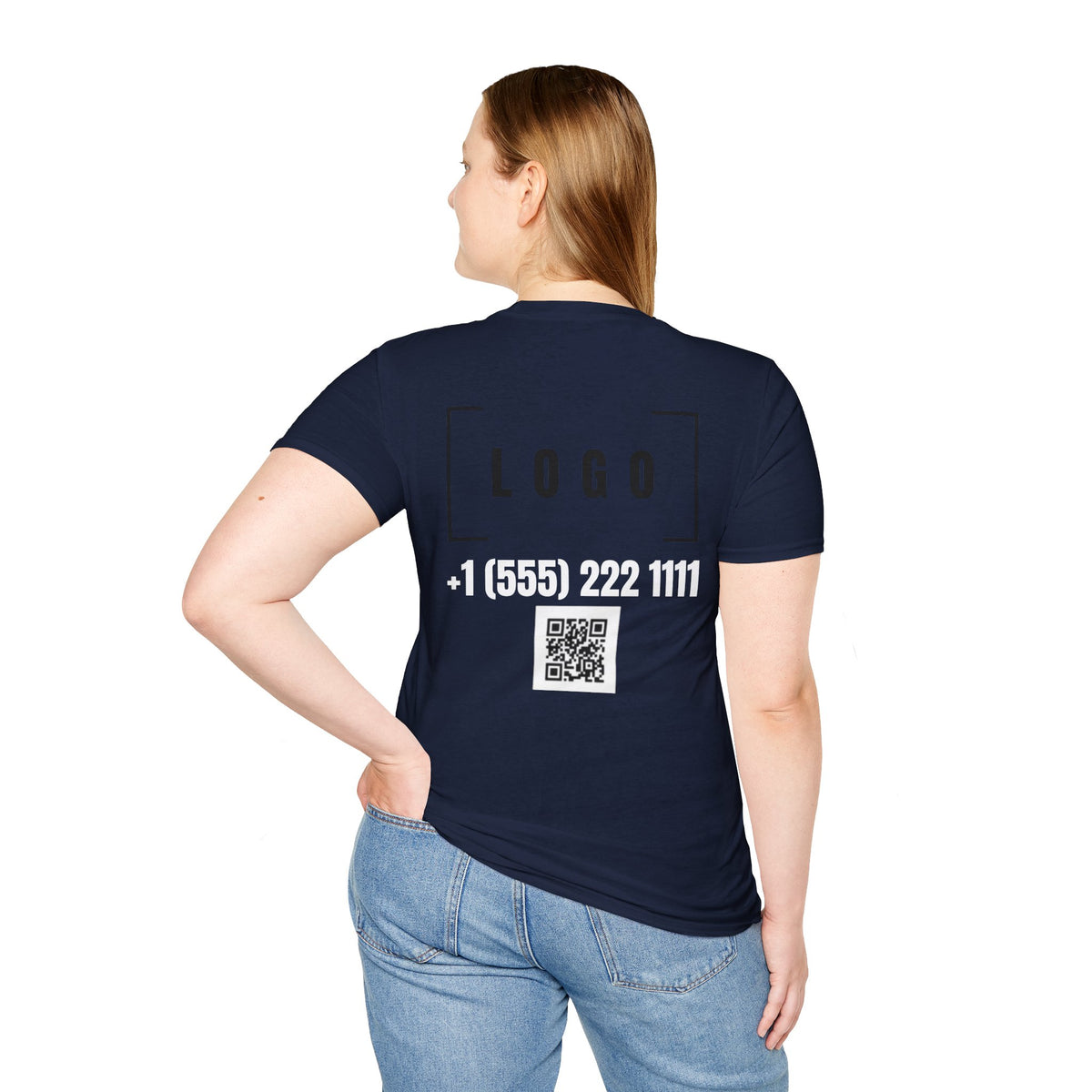 Navy t-shirt with a customizable logo on the back