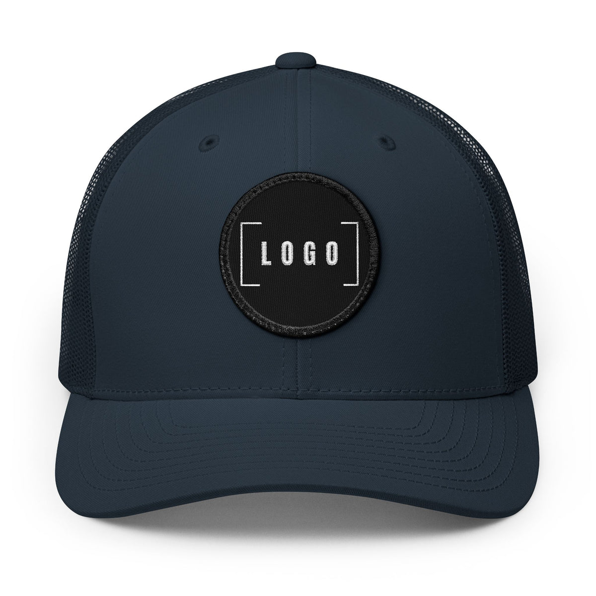 Navy embroidered trucker cap with a customizable logo on the front panel patch