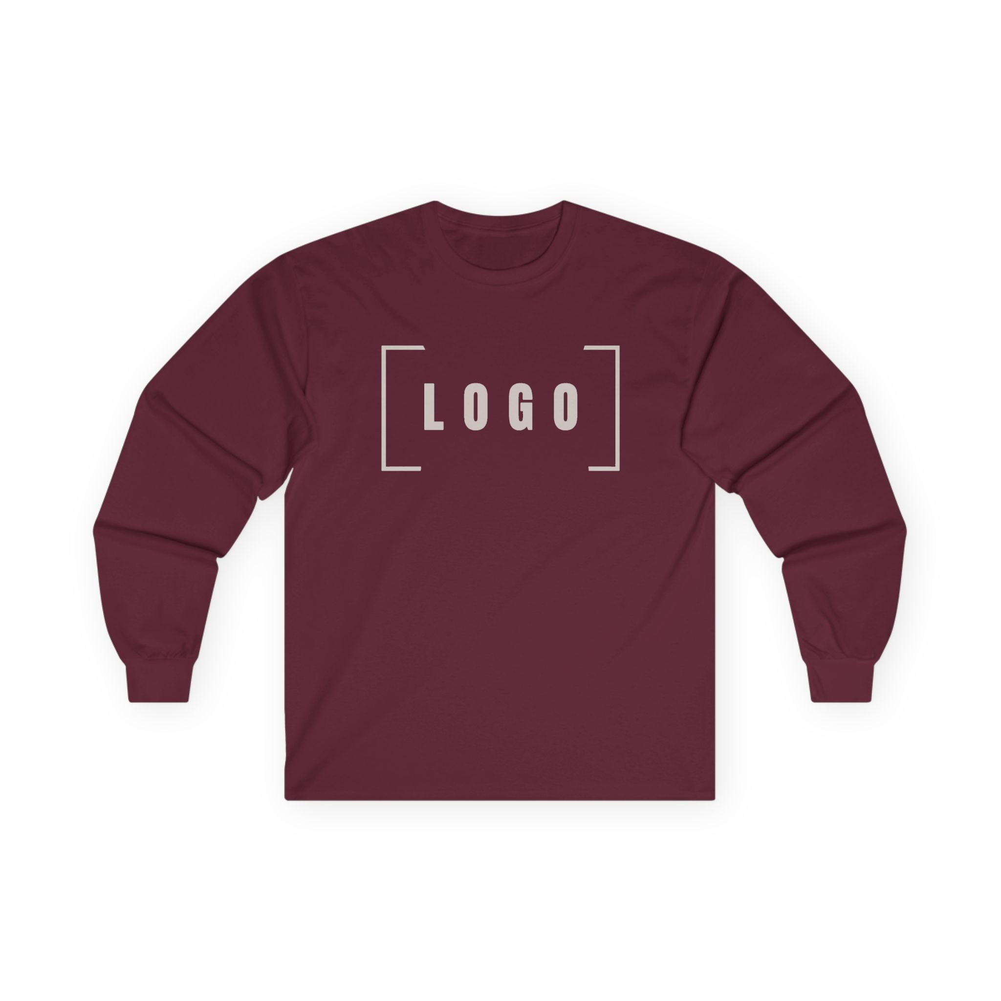Maroon long sleeve tee with a customizable logo on the chest