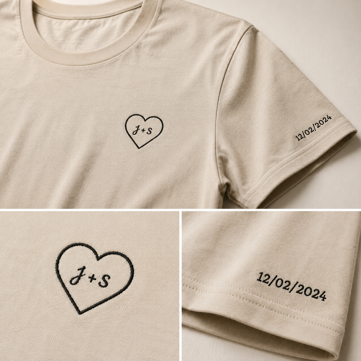 Custom Embroidered Heart T-Shirt — Personalized Text and Sleeve | Gift for Her | Gift for Him | Couple Gift Shirt