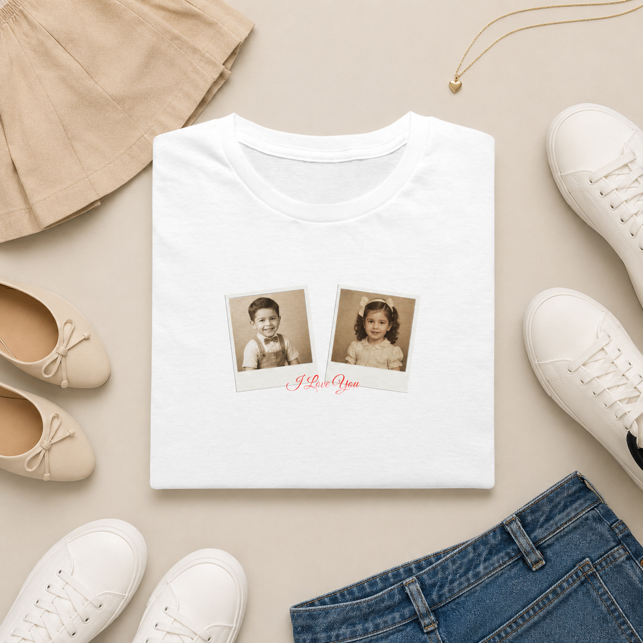 White t-shirt with photo print on a beige surface with shoes and jeans