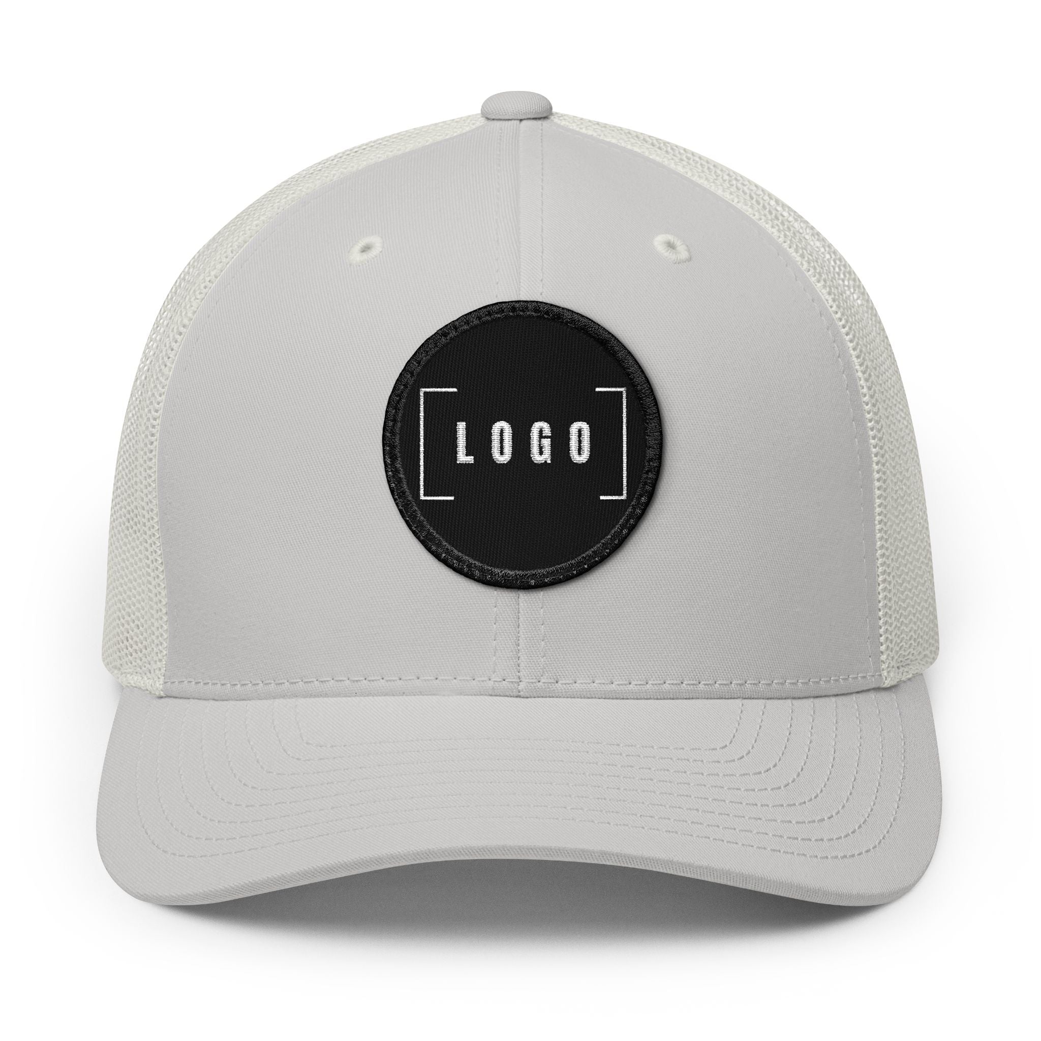 Silver embroidered trucker cap with a customizable logo on the front panel patch