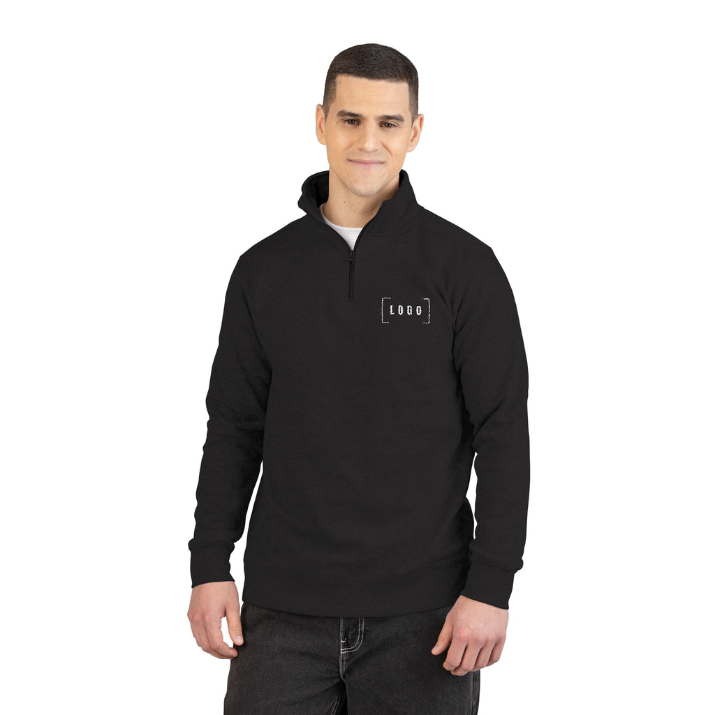 Black embroidered fleece half-zip pullover with a customizable logo on the left chest
