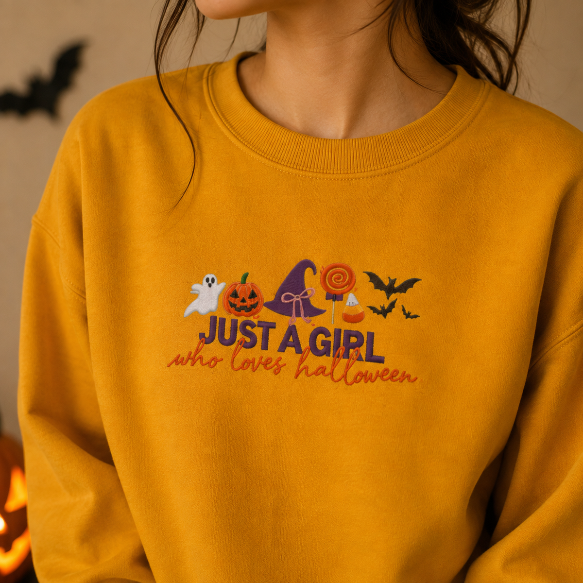 Just a Girl Who Loves Halloween Crewneck, Pumpkin & Bat Sweatshirt