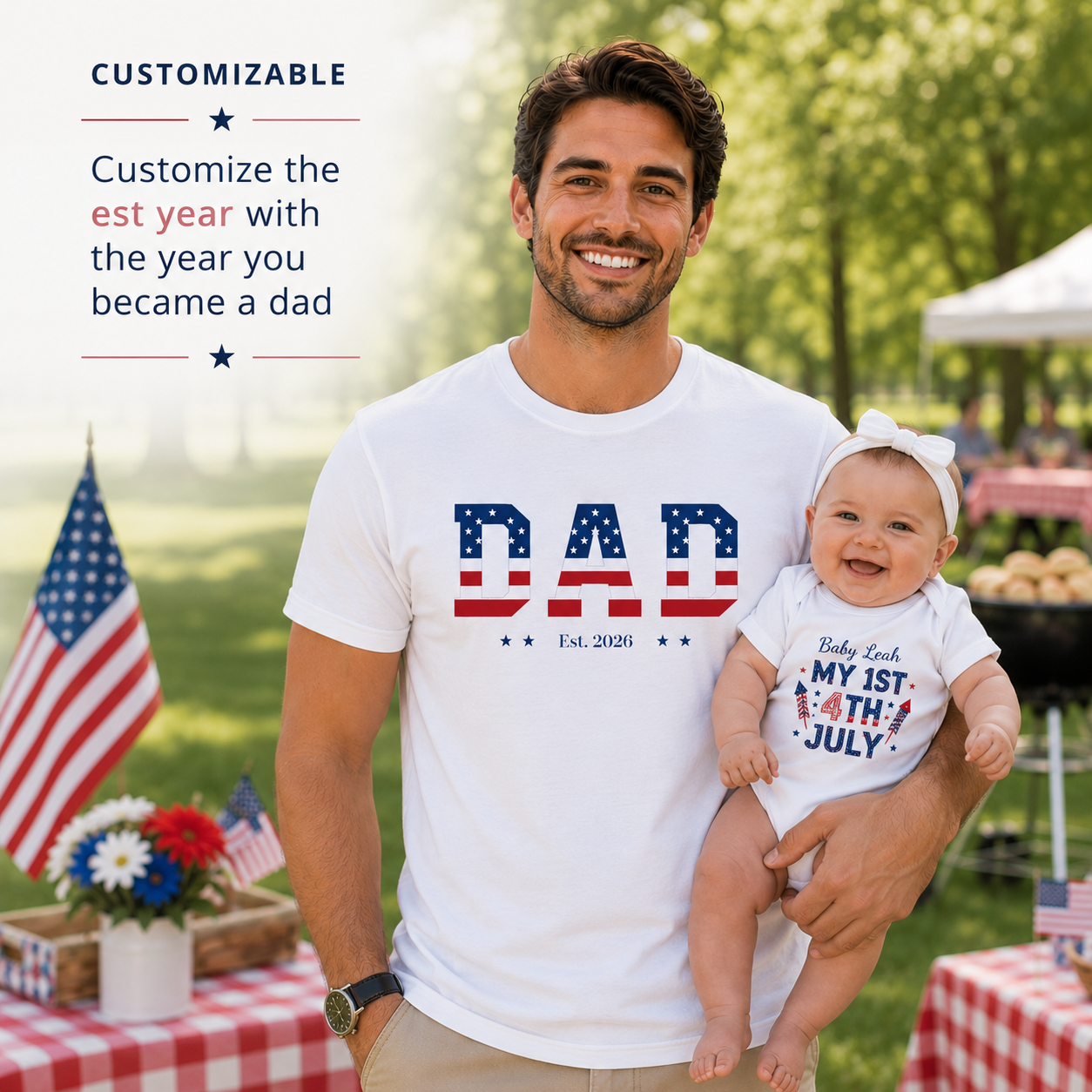 Custom Dad 4th of July Shirt | Personalized Est Year Tee | Patriotic Dad Gift | Americana Dad  Shirt S-2XL