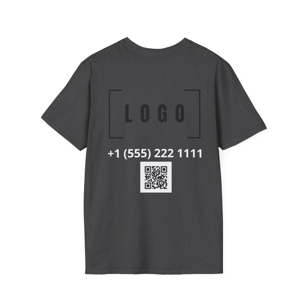 Dark Heather t-shirt with a customizable logo on the back