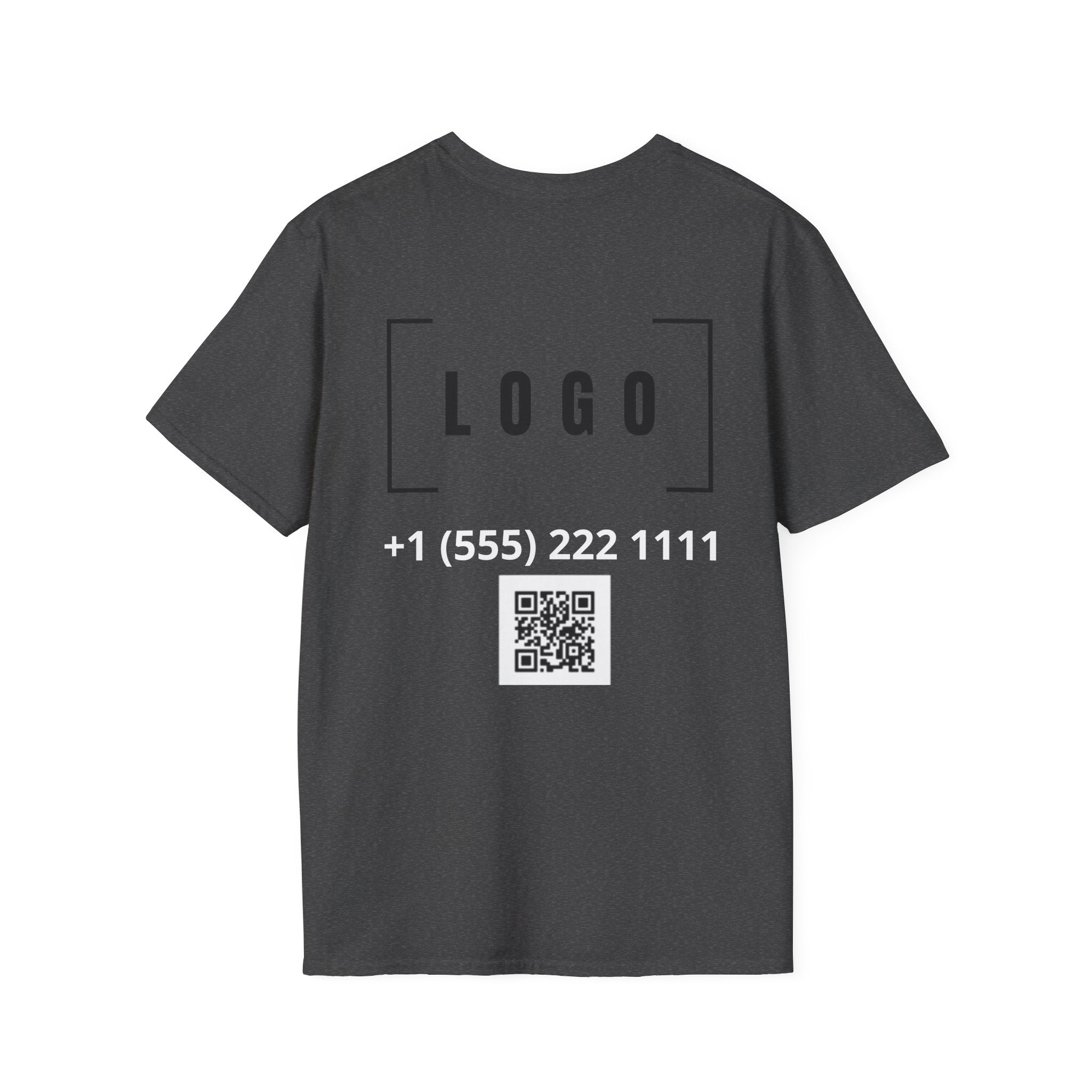 Dark Heather t-shirt with a customizable logo on the back