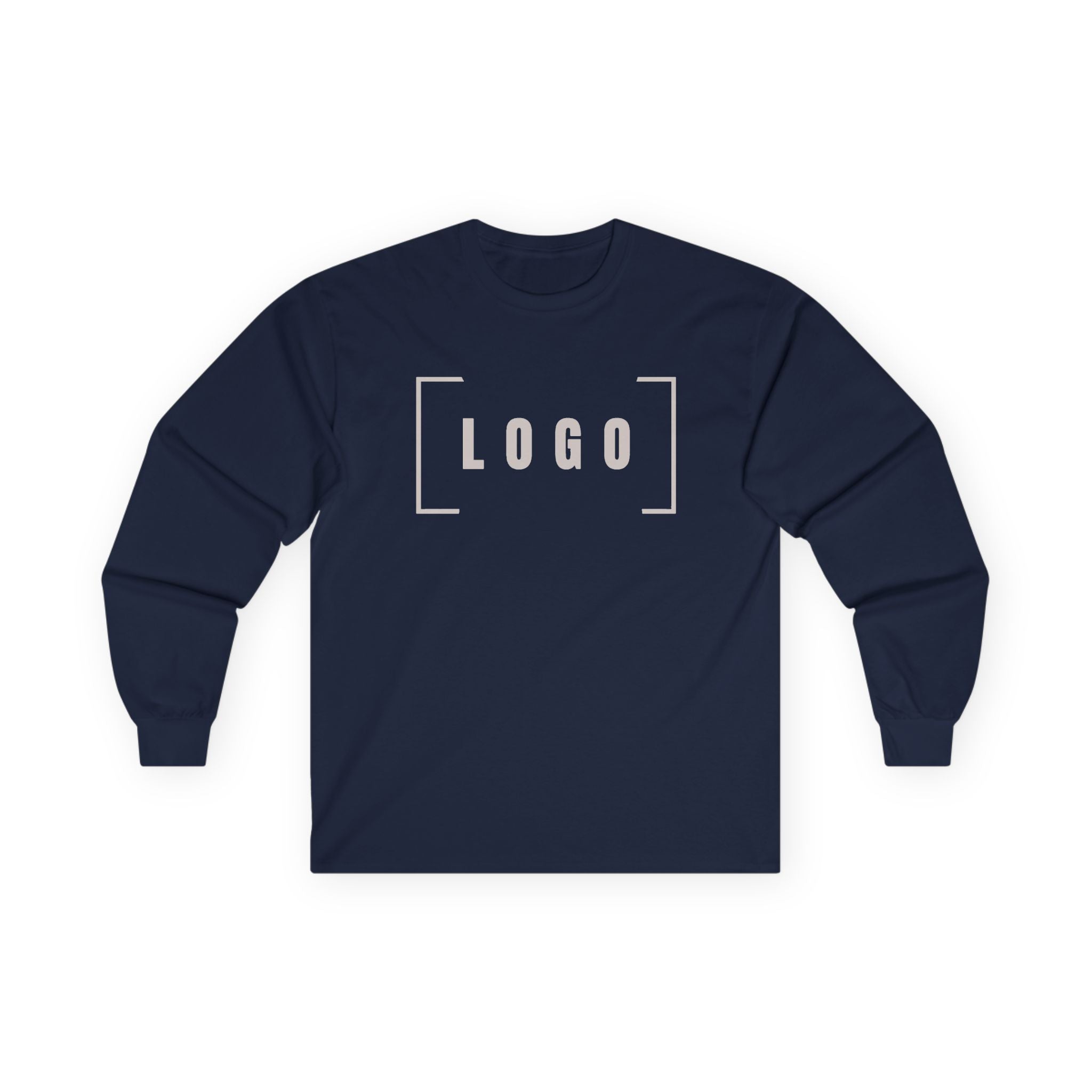 Navy long sleeve tee with a customizable logo on the chest