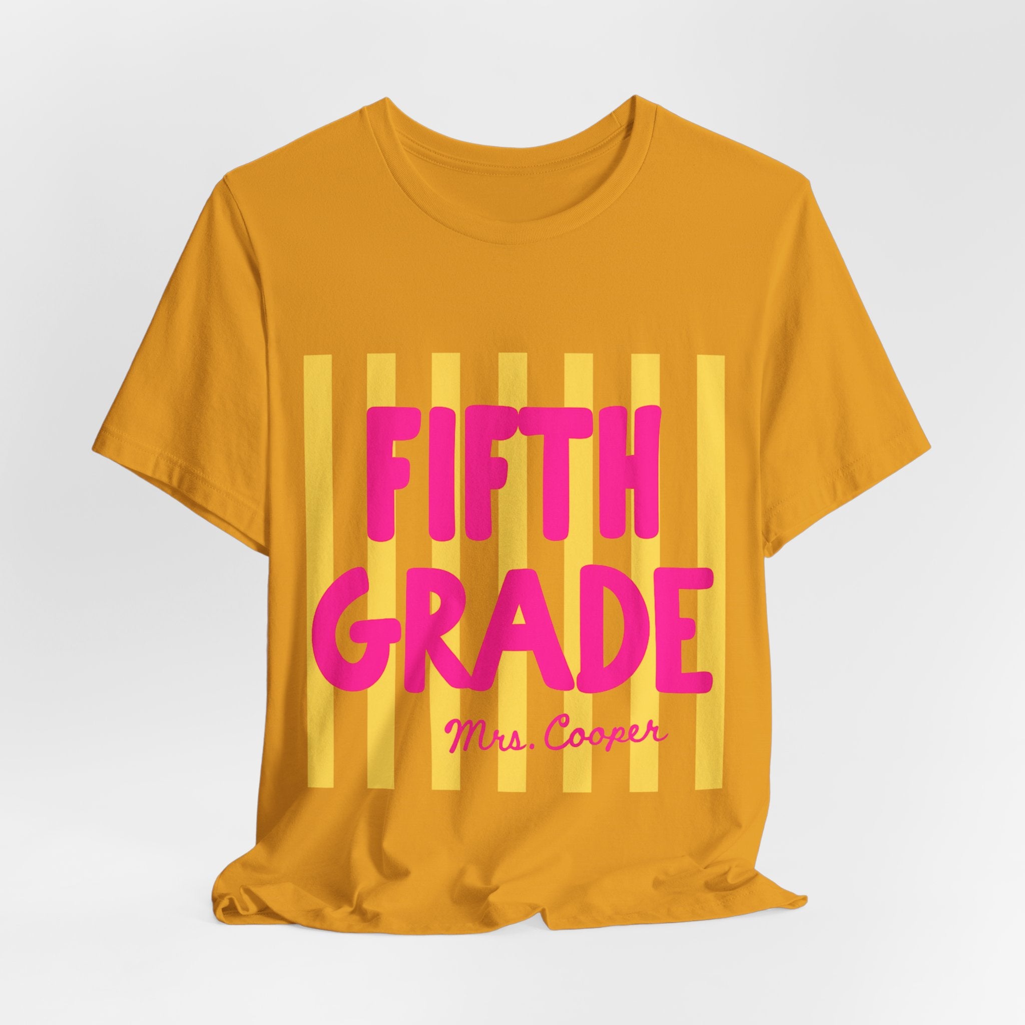 Mustard personalized striped teacher tee with custom grade and name text in pink