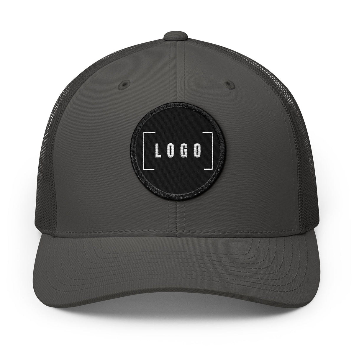 Charcoal embroidered trucker cap with a customizable logo on the front panel patch