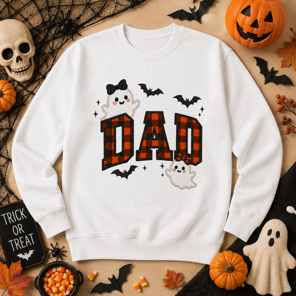 Halloween Plaid Dad Sweatshirt, Ghost & Bat Pullover Gift