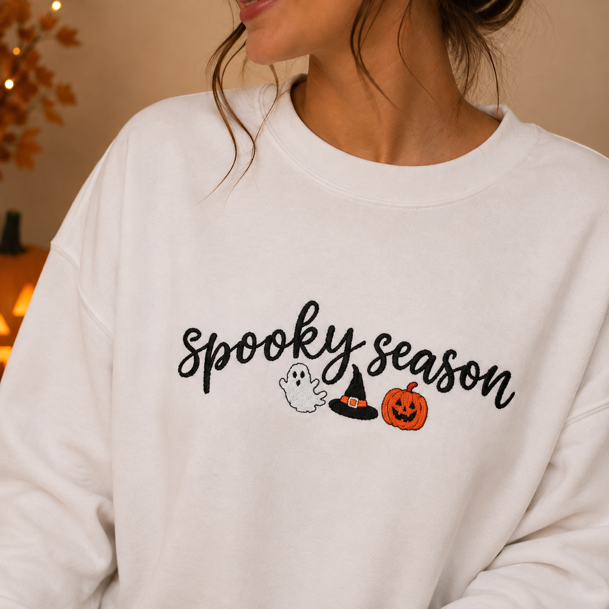 Spooky Season Embroidered Crewneck, Ghost & Pumpkin Sweatshirt