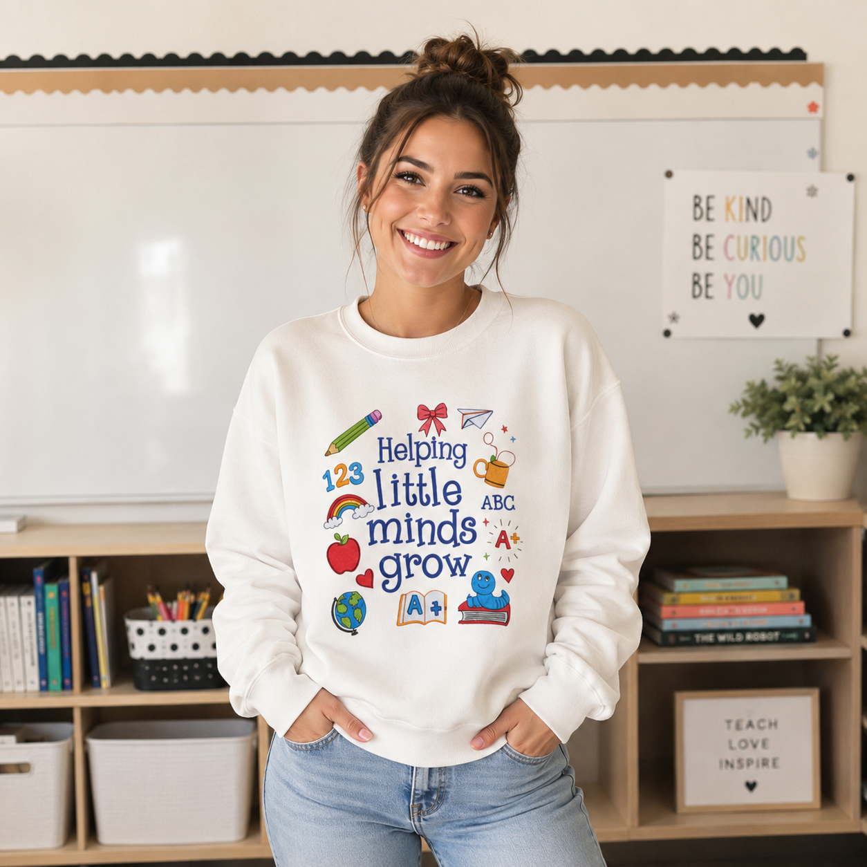 Helping Little Minds Grow Sweatshirt – Teacher Gift, Cute School Icons Crewneck, Back to School