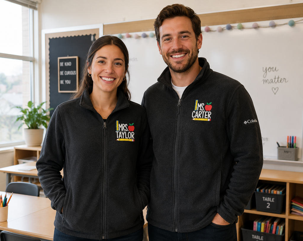 Custom Name Embroidered Fleece Jacket for Teachers – Personalized Columbia Fleece, Apple Design