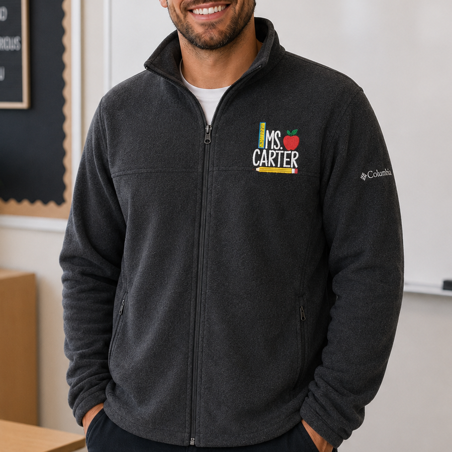 Custom Name Embroidered Fleece Jacket for Teachers – Personalized Columbia Fleece, Apple Design