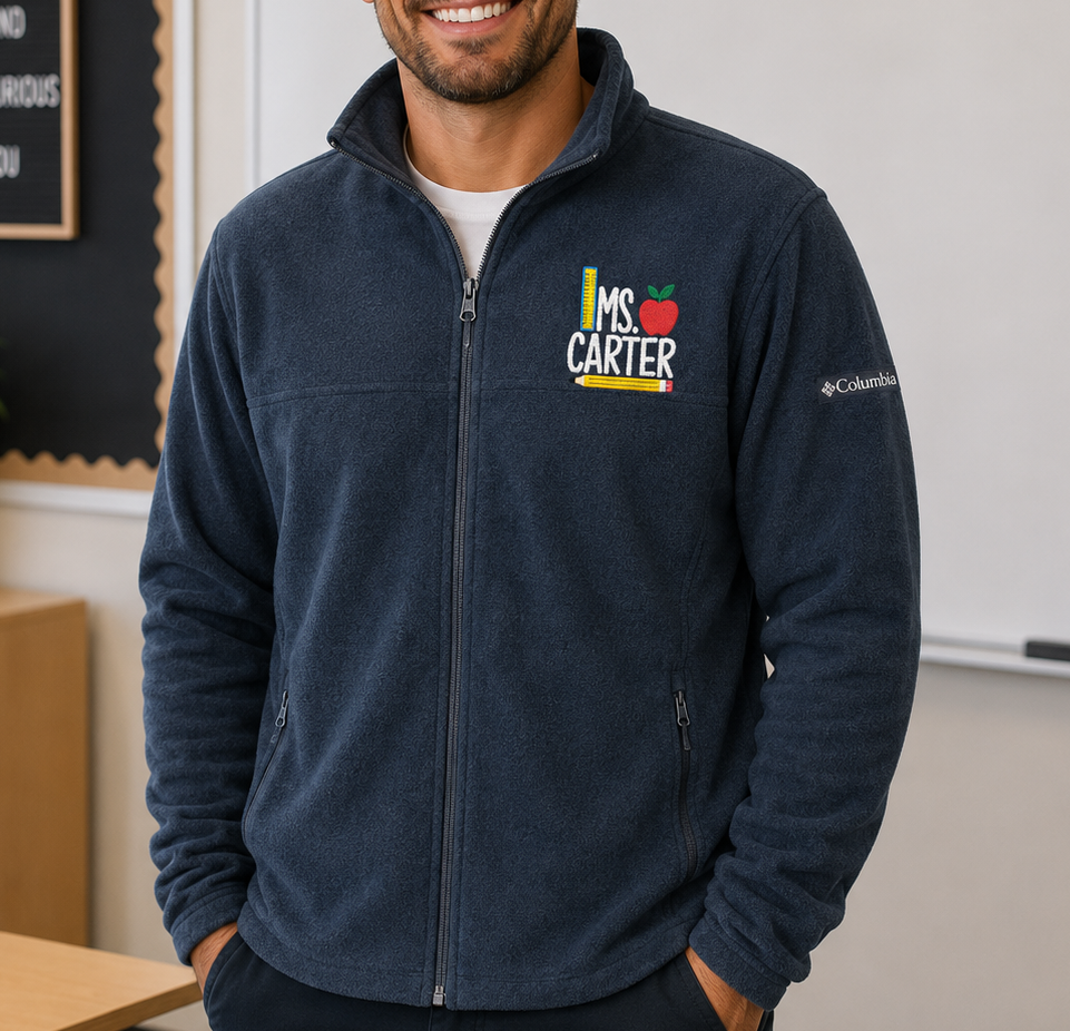 Custom Name Embroidered Fleece Jacket for Teachers – Personalized Columbia Fleece, Apple Design