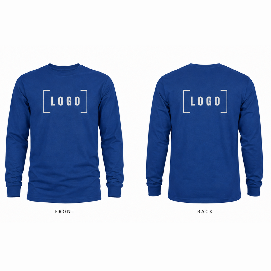 Royal long sleeve tee with a customizable logo on the chest