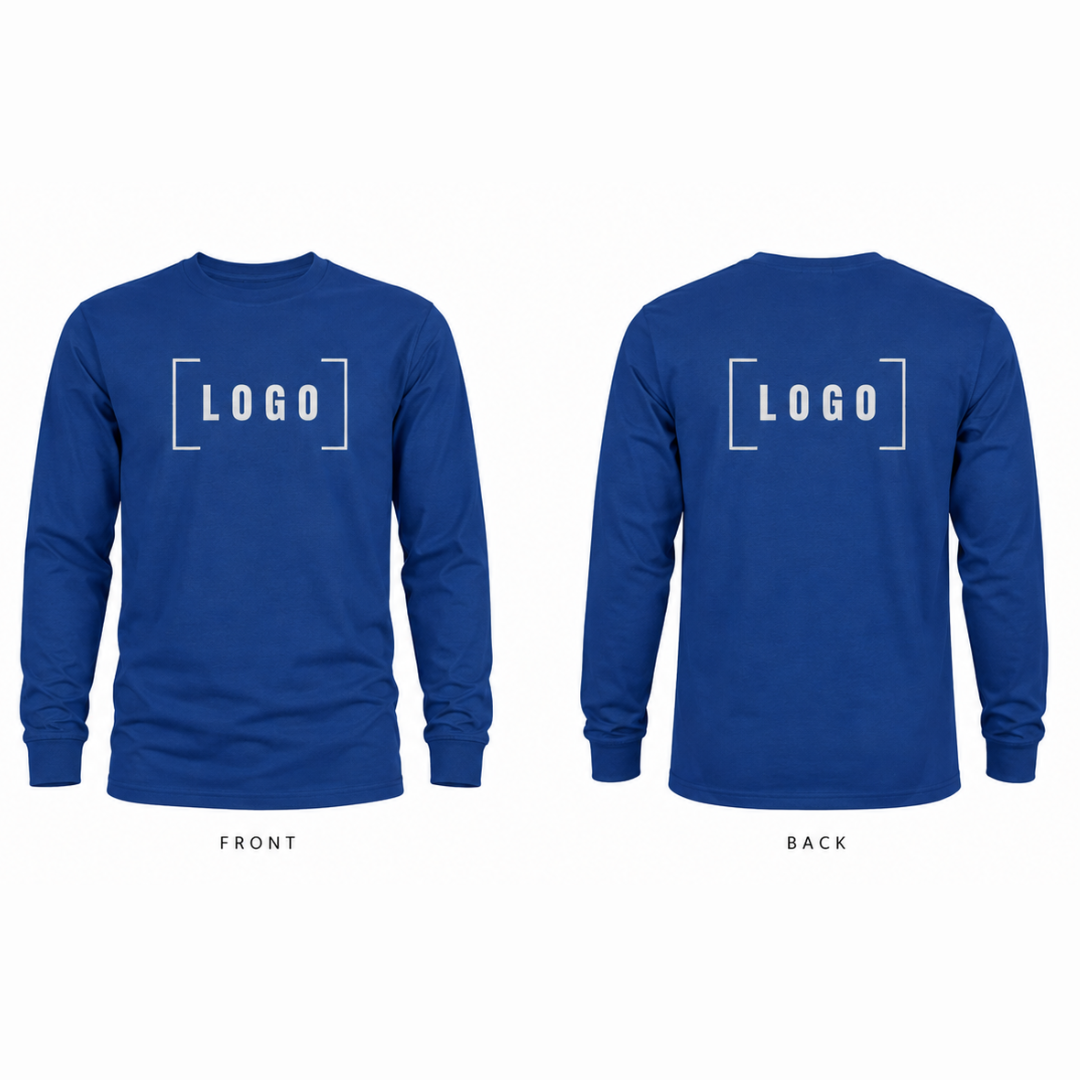 Royal long sleeve tee with a customizable logo on the chest