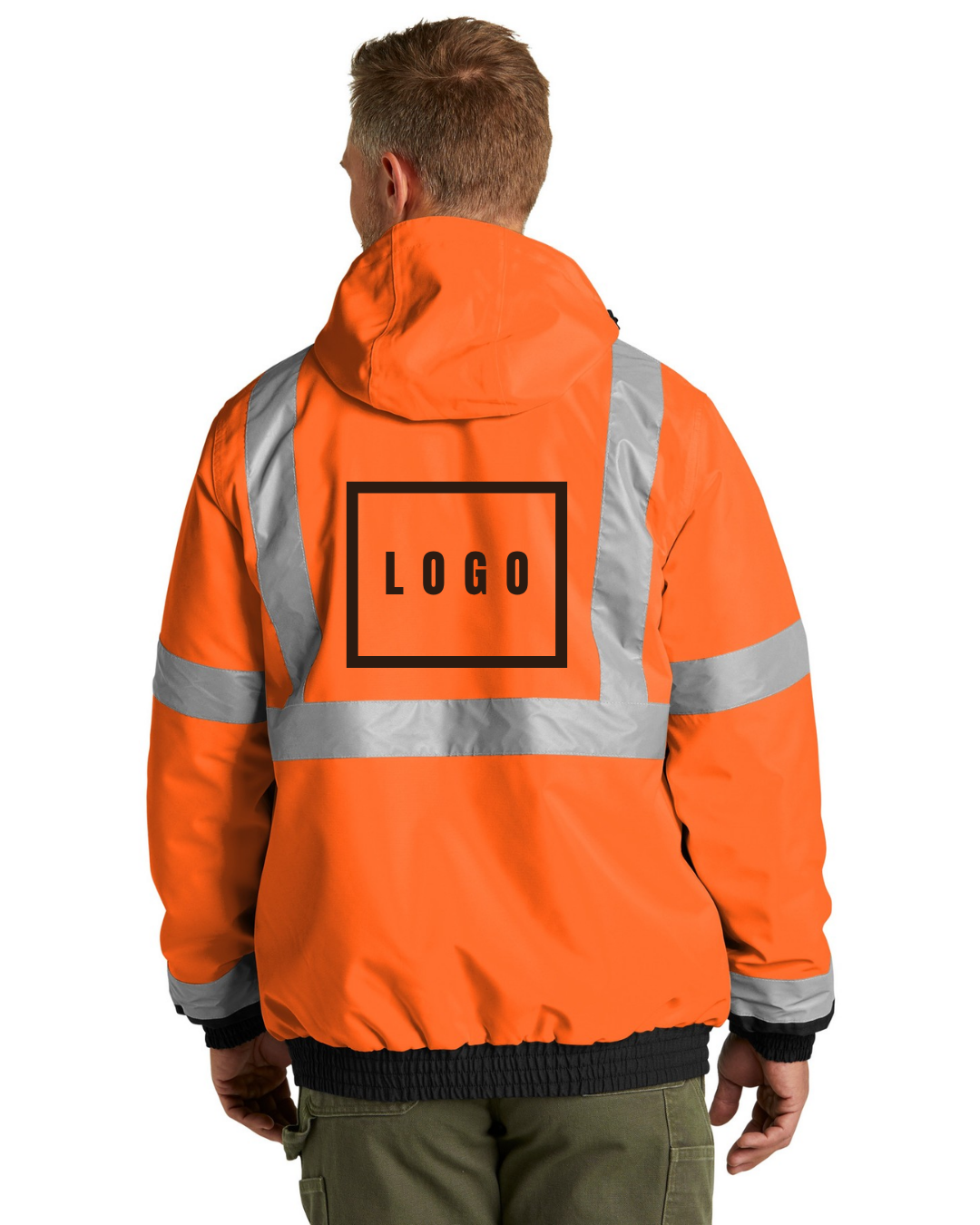 Safety Orange ANSI 107 Class 3 bomber jacket with a customizable logo on the left chest