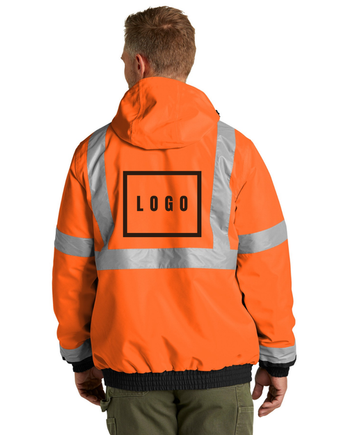 Safety Orange ANSI 107 Class 3 bomber jacket with a customizable logo on the left chest