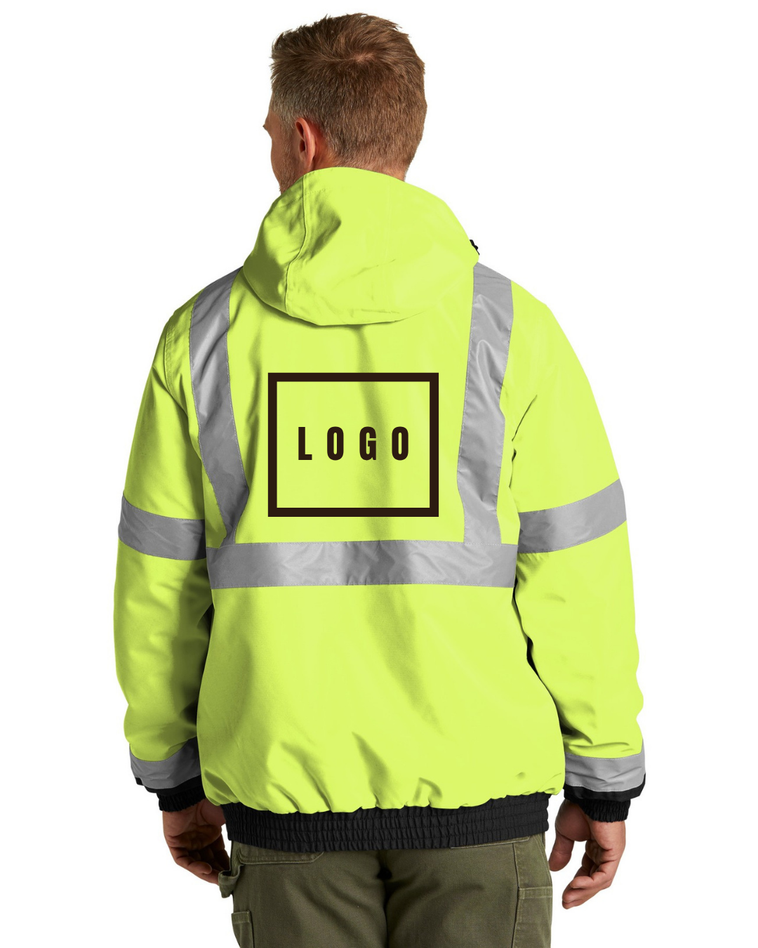 Safety Yellow ANSI 107 Class 3 bomber jacket with a customizable logo on the left chest