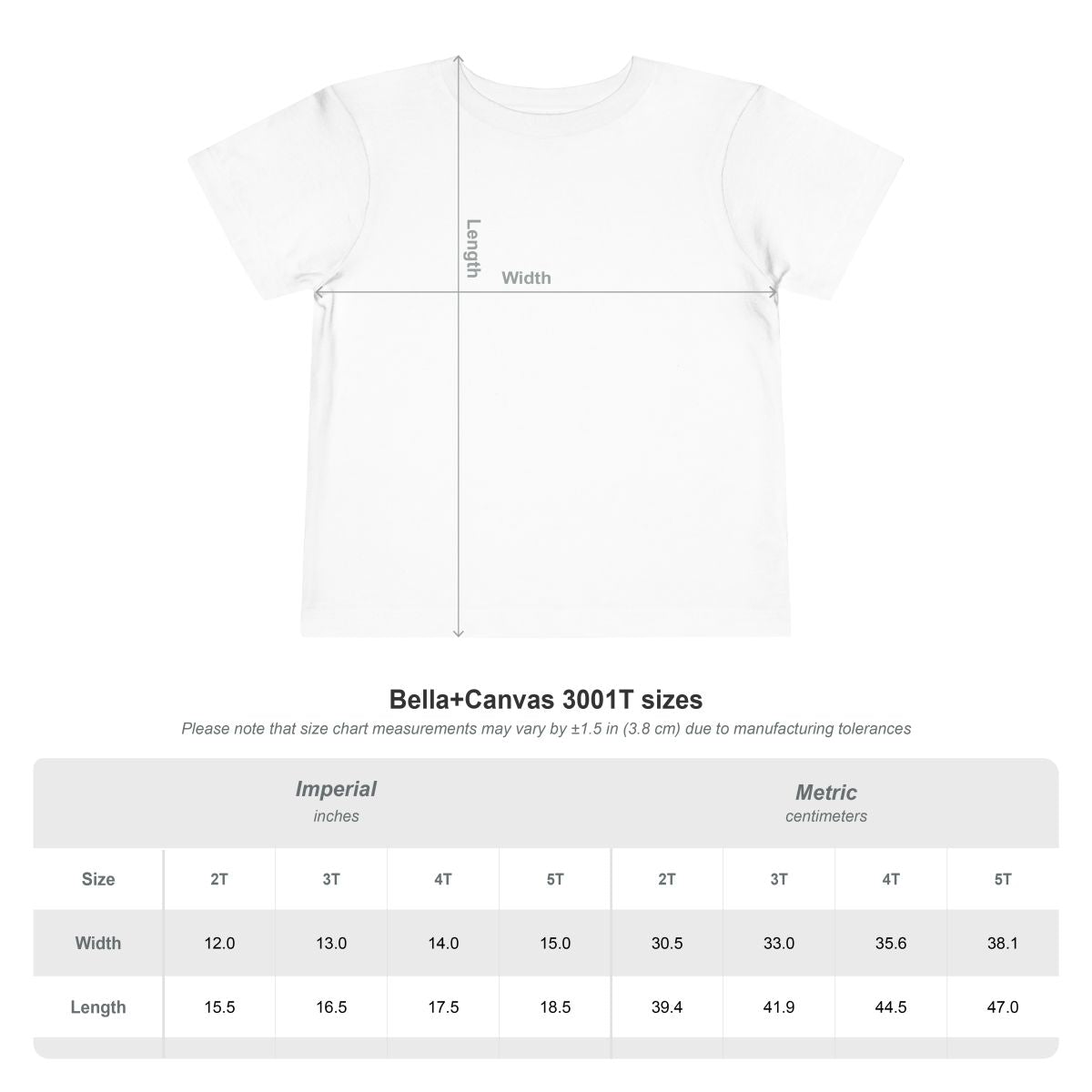 Measurement chart for Bella+Canvas 3001T t-shirt sizes on a white background