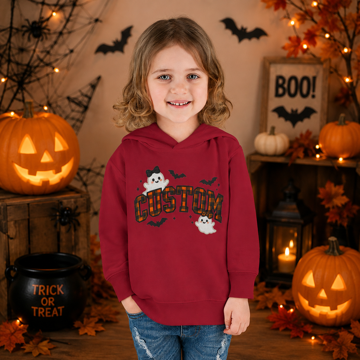 Personalized Halloween Toddler Hoodie, Custom Name Ghost & Bat Pullover